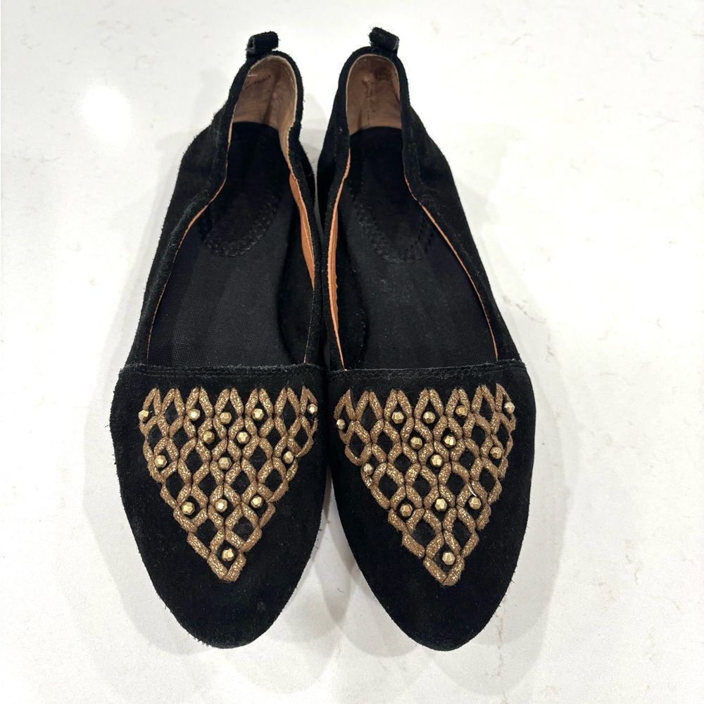 LATIGO Womens UNITY Embellished Black Gold Flats 8.5 M Boho Festival Retro Comfy